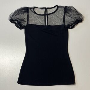EXPRESS Mesh Puff Sleeve Top Size XS Black Quiet Luxury Business Casual Blouse